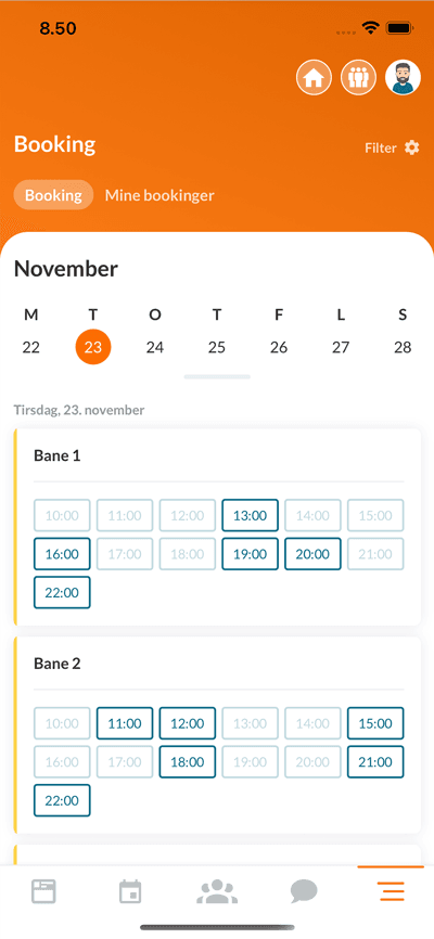 Booking i Holdsport-appen med ledige tider på Bane 1 og Bane 2